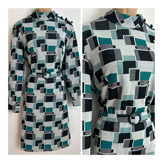 Vintage 1960s Size 16 Teal Black & White Geo Square Print Crimplene Belted Long Sleeve Mod Dress