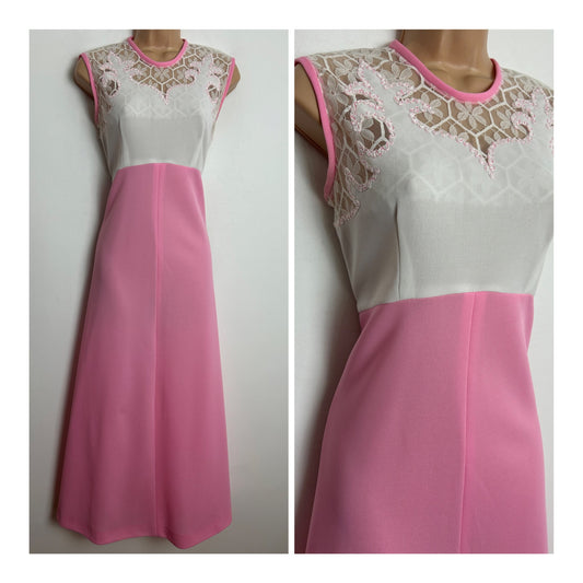 Vintage Late 1960s Size 12 Pink & White Lace Detail Sleeveless Summer Maxi Dress