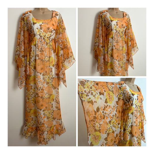 Vintage 1970s UK Size 10 White Orange & Yellow Floral Print Very Wide Long Flared Sleeve Empire Line Boho Maxi Dress