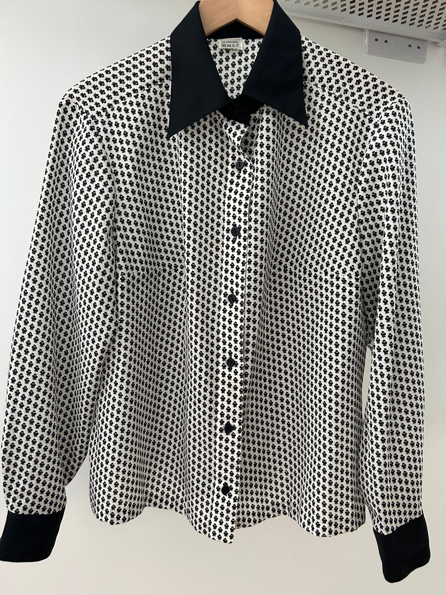 Vintage Late 1970s UK Size 16 White & Black Ditsy Print Long Sleeve Monochrome Shirt
