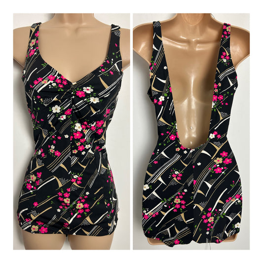 Vintage 1960s Size 16 Black Pink Beige & White Stripe & Floral Print Skirted Swimsuit