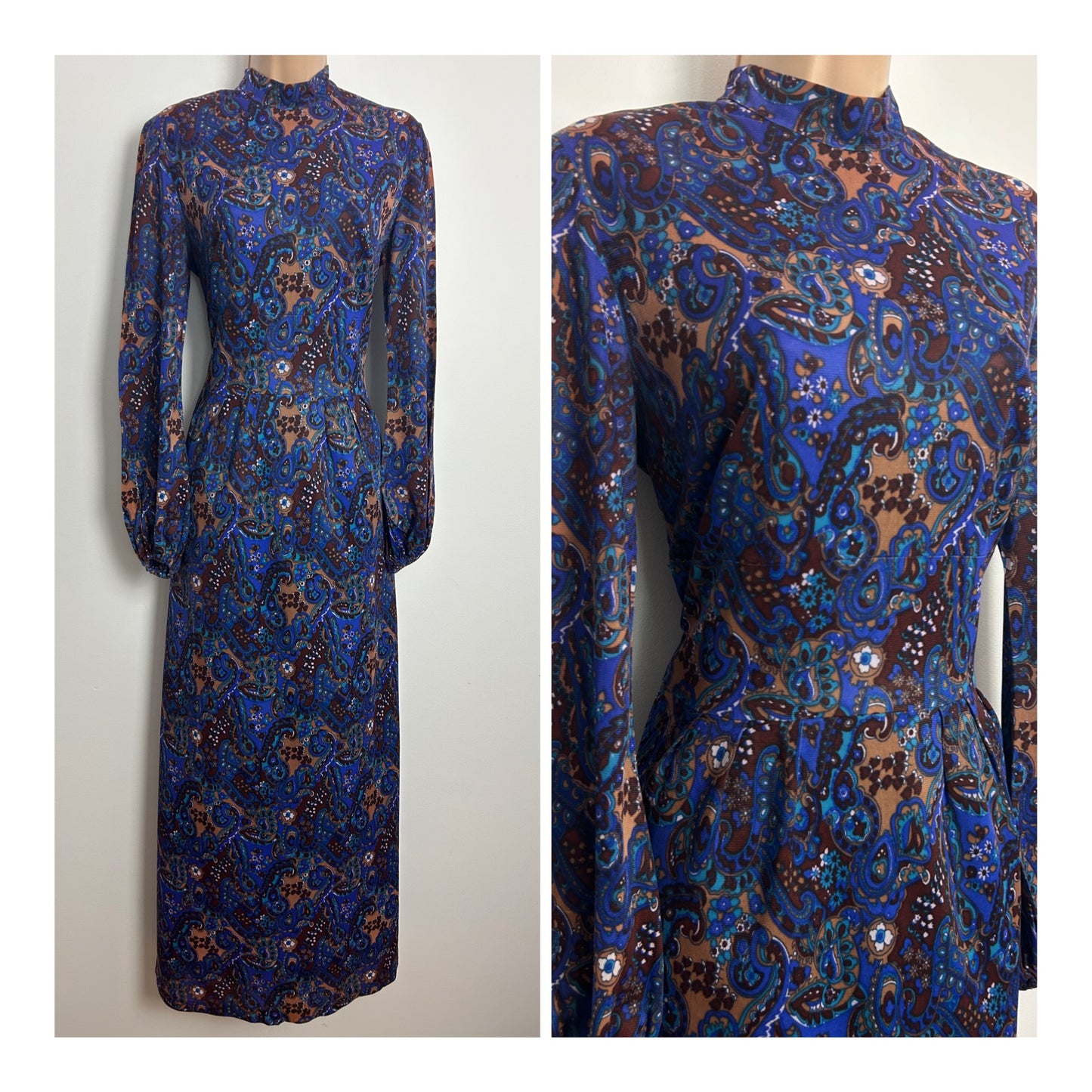 Vintage 1970s Size 8-10 Blue & Brown Tones Paisley Scarf Print Long Sleeve Maxi Dress