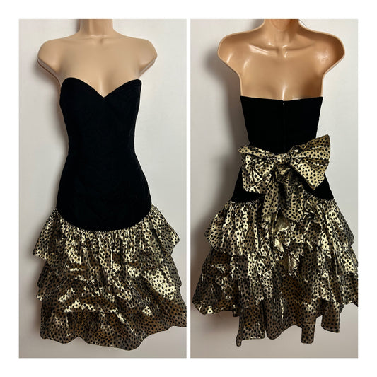 Vintage 1980s AFTER SIX BY RONALD JOYCE UK Size 6-8 Black & Gold Velvet & Lame Layered Strapless Cocktail Party Dress