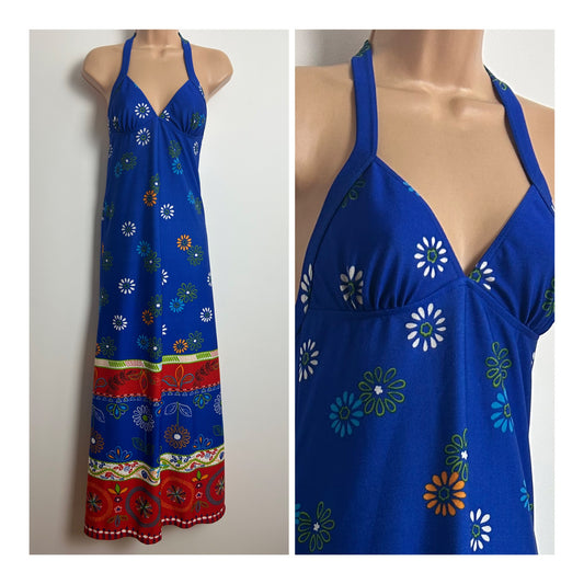 Vintage 1970s Size 6-8 Blue Red Orange & Green Floral Print Halterneck Summer Maxi Dress