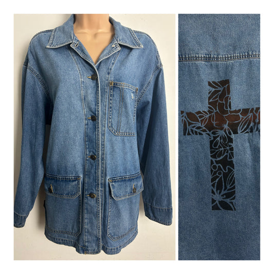 Vintage 1980s LIZWEAR (Liz Claiborne) Size 14 Blue Longer Line Denim Jacket With Cross Motif To Back