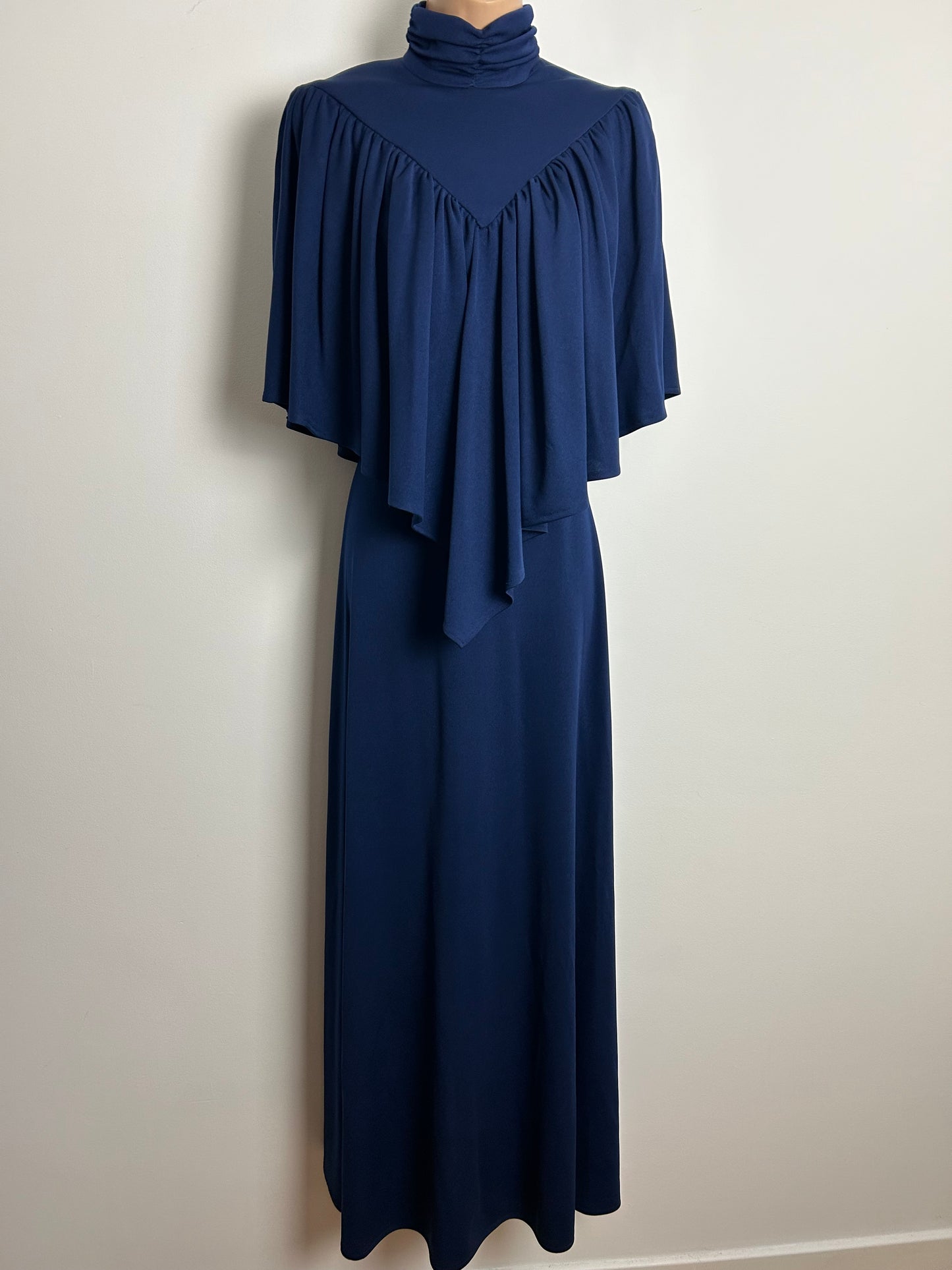 Vintage 1970s C&A Size 10 Navy Blue Cape Sleeve Bertha Collar Evening Occasion Maxi Dress