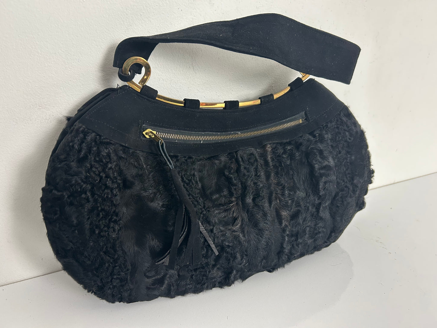 Vintage 1940s Black Persian Lamb & Suede Muff Handwarmer Handbag