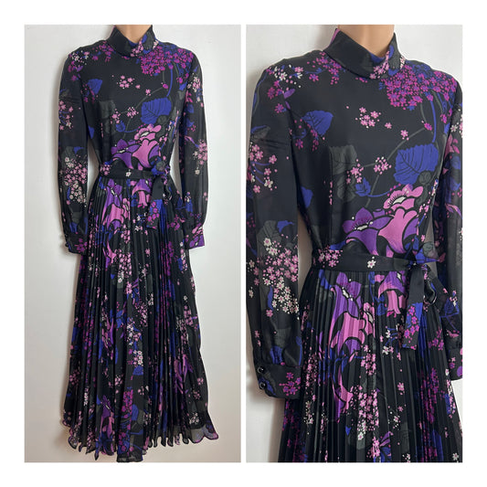 Vintage 1970s Size 10 Black Pink & Purple Floral Print Belted Pleated Maxi Dress