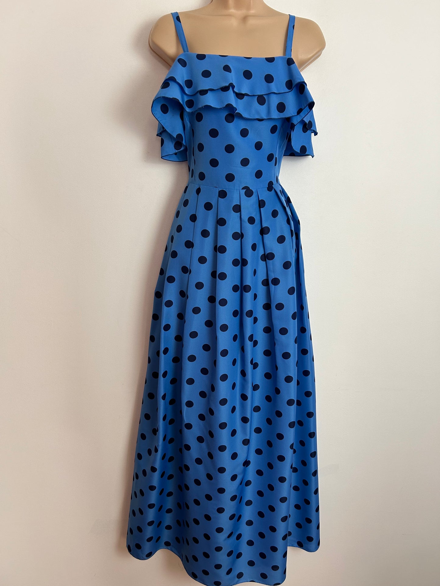 Vintage Late 1970s UK Size 10 Blue & Navy Polka Dot Strappy Ruffle Trim Pleated Maxi Dress