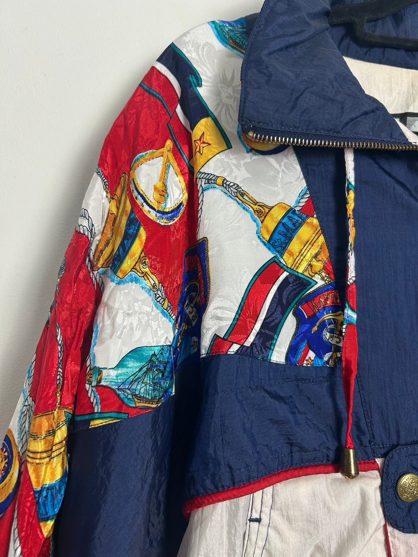 Vintage 1980s RIVER EDGE Size L (Up To Size 16) Blue White & Red Royal Navy Nautical Novelty Print Shell Jacket/Windbreaker