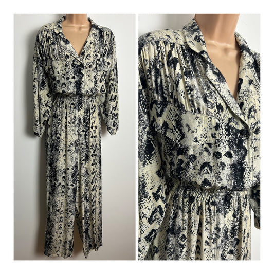 Vintage 1980s CREATION MODELL Size 10-12 Beige & Black Snake Skin Print 3/4 Sleeve Jumpsuit