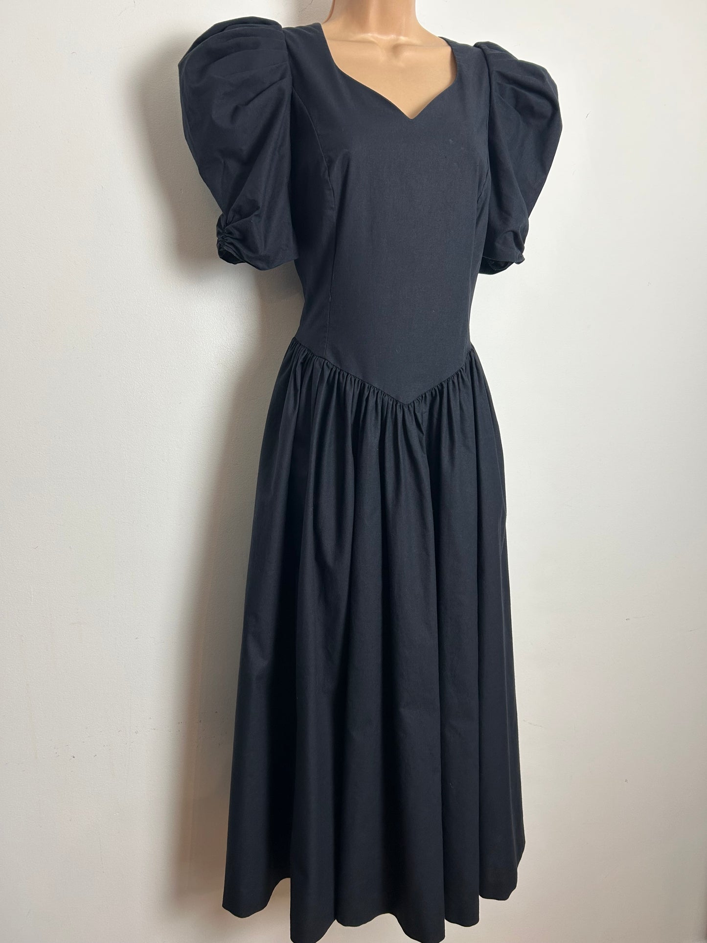 Vintage 1980s LAURA ASHLEY Size 12 (16 On Label) Black open Bow Back Puff Sleeve Midi Dress