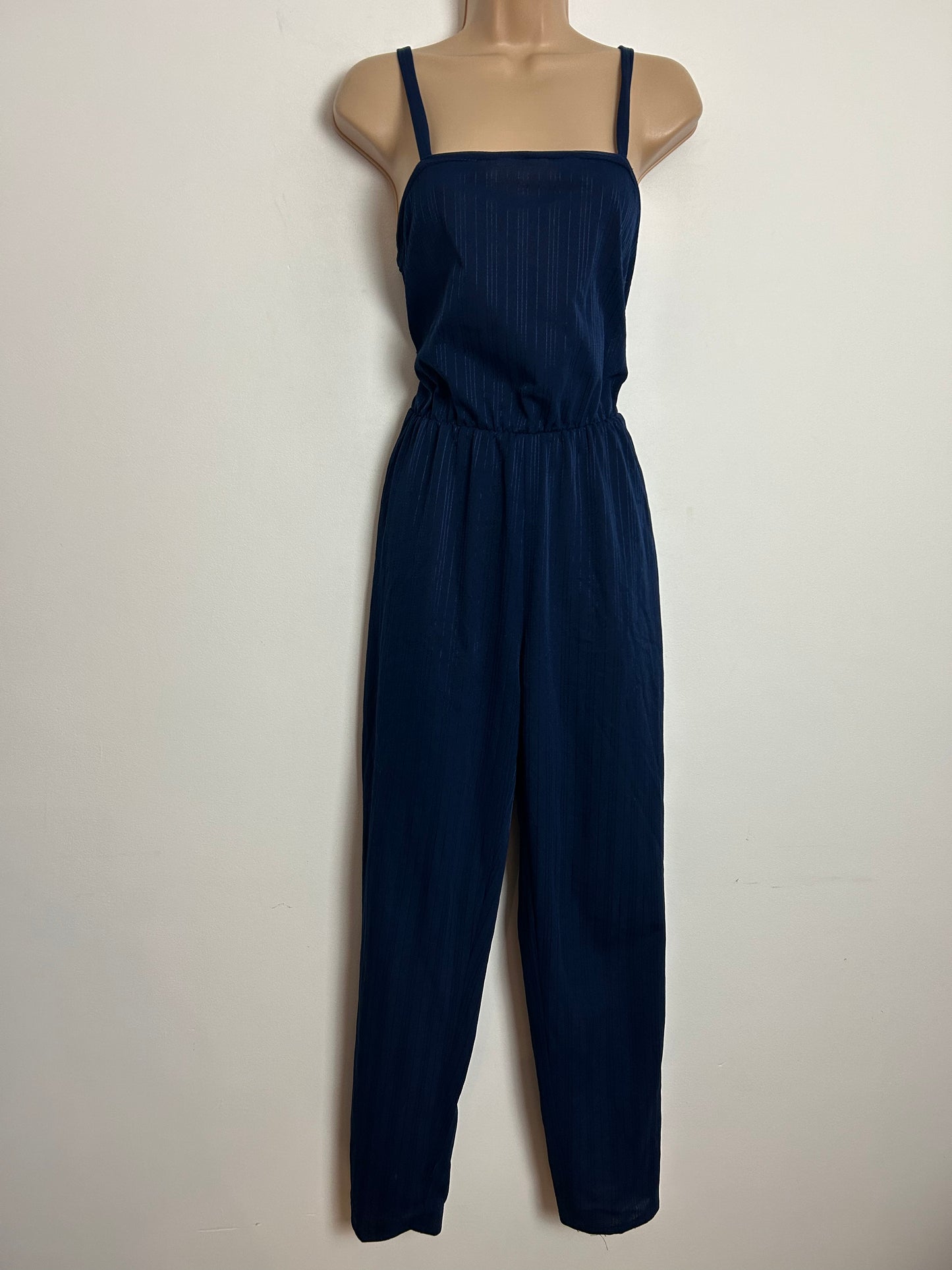 Vintage 1980s C&A UK Size 8 Navy Blue Pinstripe Strappy Tapered Leg Jumpsuit