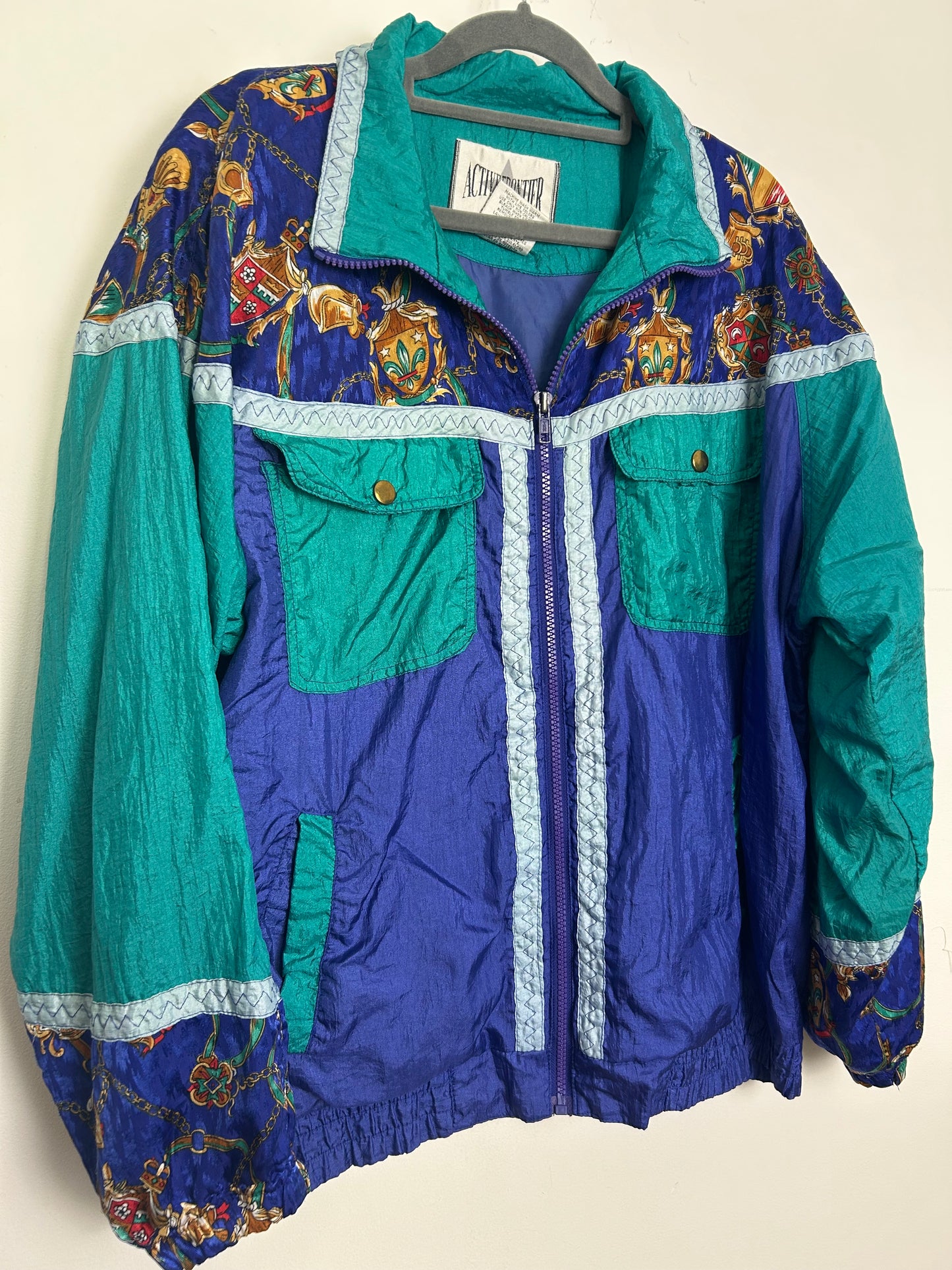 Vintage 1980s ACTIVE FRONTIER Size L (Up To Size 16) Blue & Green Baroque Novelty Print Shell Suit Jacket