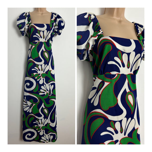 Vintage 1970s UK Size 12 Blue Green & White Abstract Print Short Sleeve Crimplene Jersey Maxi Dress