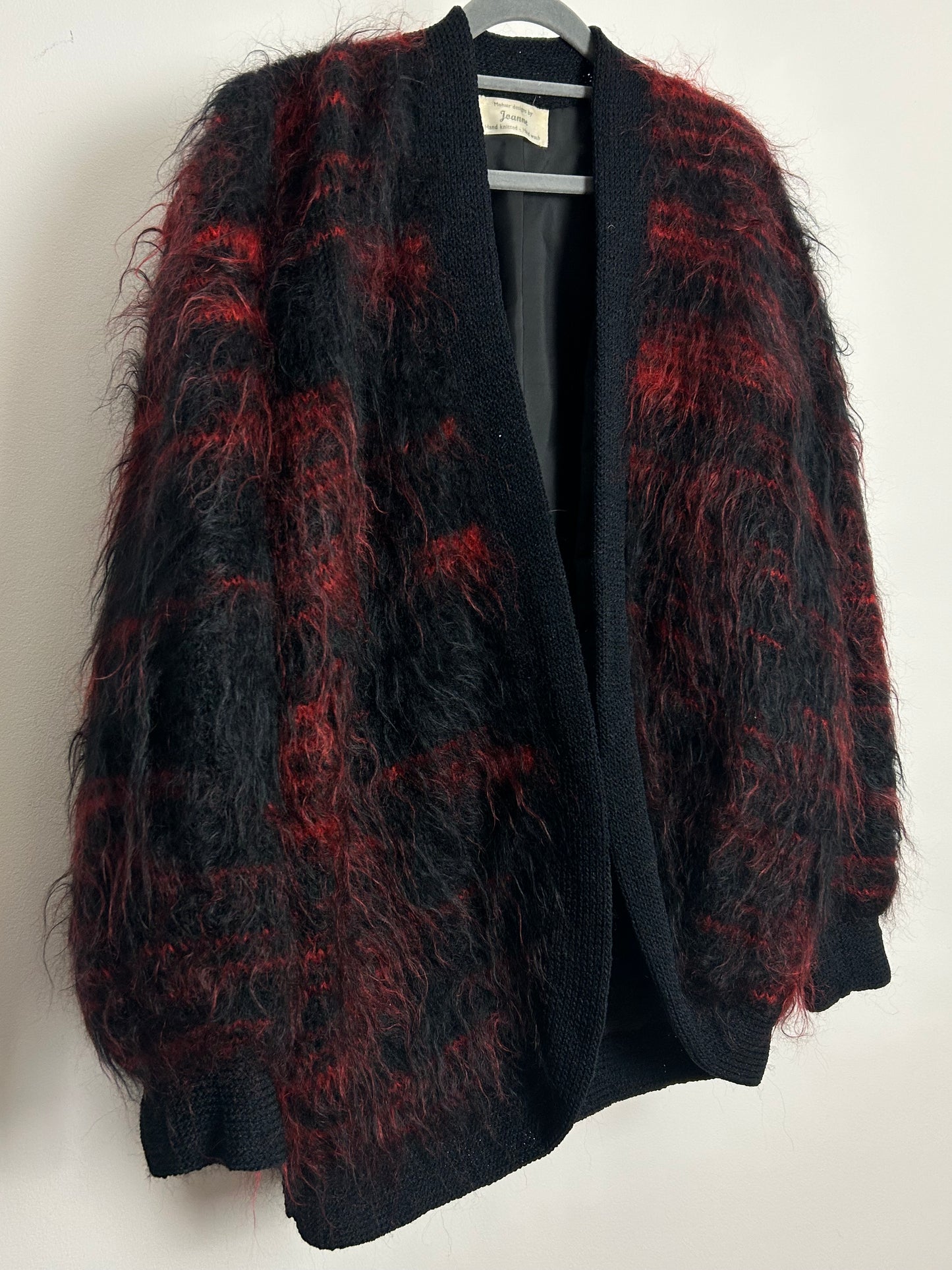 Vintage 1980s Up To Size 14 Black & Red Mohair Open Fronted Fully Lined Cardigan