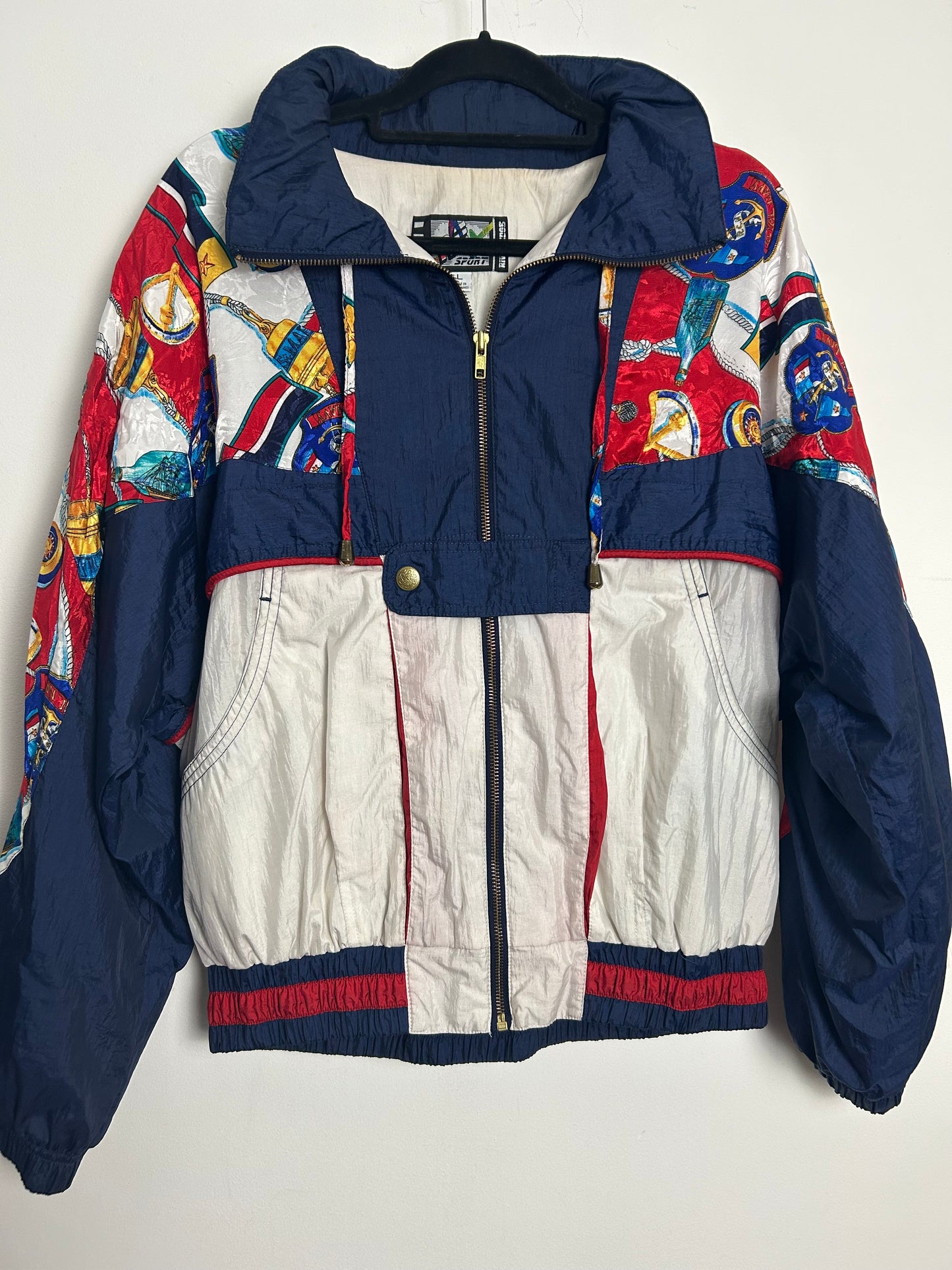 Vintage 1980s RIVER EDGE Size L (Up To Size 16) Blue White & Red Royal Navy Nautical Novelty Print Shell Jacket/Windbreaker
