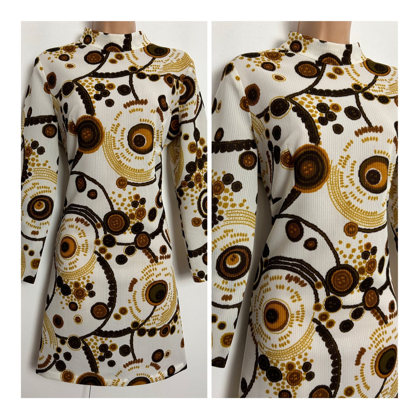 Vintage 1960s UK Size 14 White Brown & Mustard Circle Print Long Sleeve Mod Shift Dress