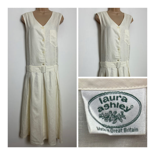 Vintage 1980s LAURA ASHLEY Size 14 Cream Linen Mix Sleeveless Belted Pleated Drop Waist Midi Dress