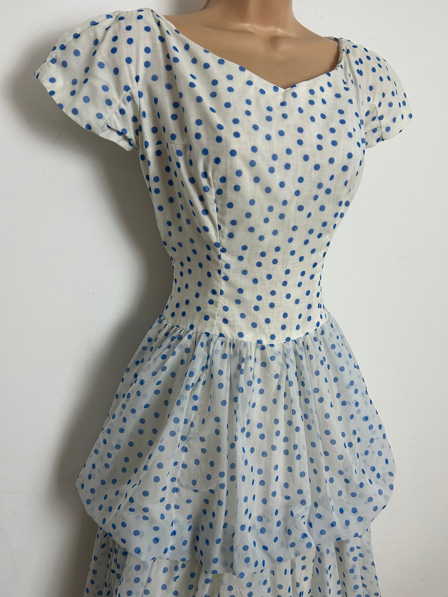 Vintage Late 1950s PECK & PECK Size 8 White & Blue Polka Dot Layered Party Prom Occasion Dress