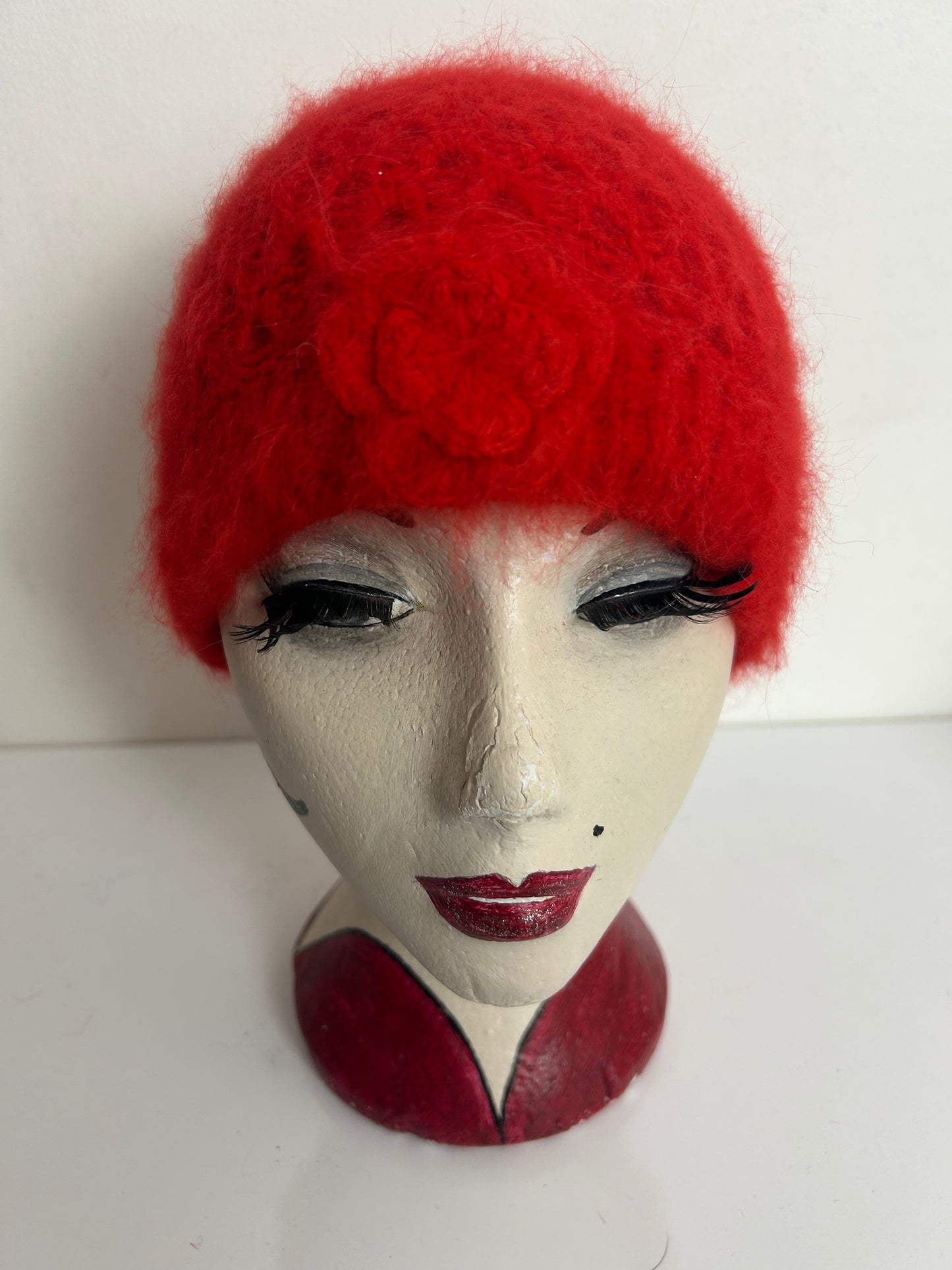 Vintage Cute Red Angora Mix Pull On Beanie Style Hat