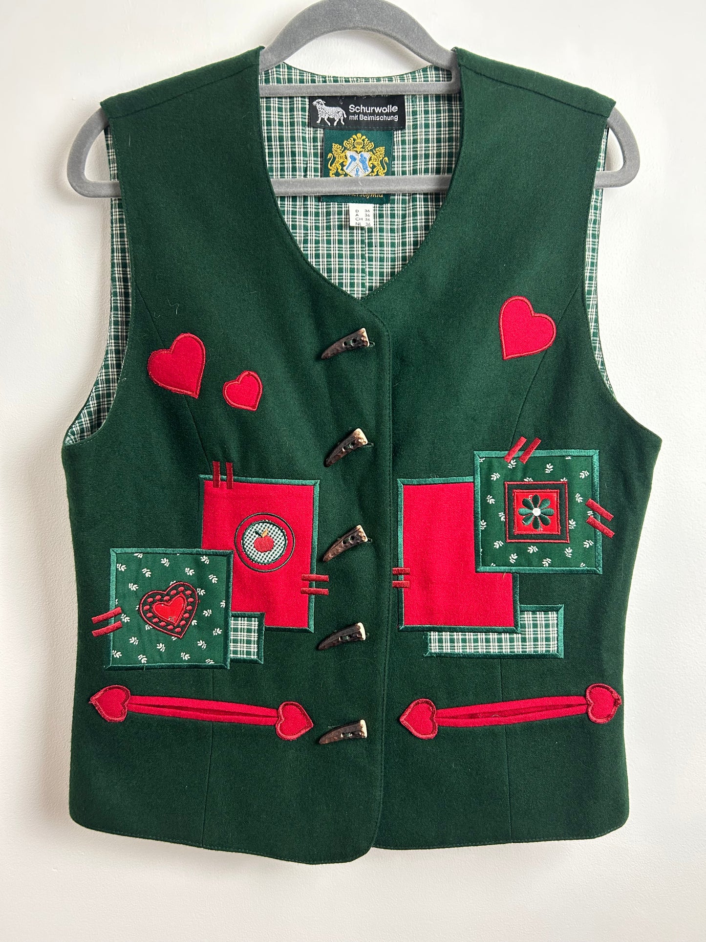 Vintage HAMMERSCHMID Size 10 Wool Mix Dark Green & Red Embroidered Heart Applique Detail  Austrian Tyrol Waistcoat