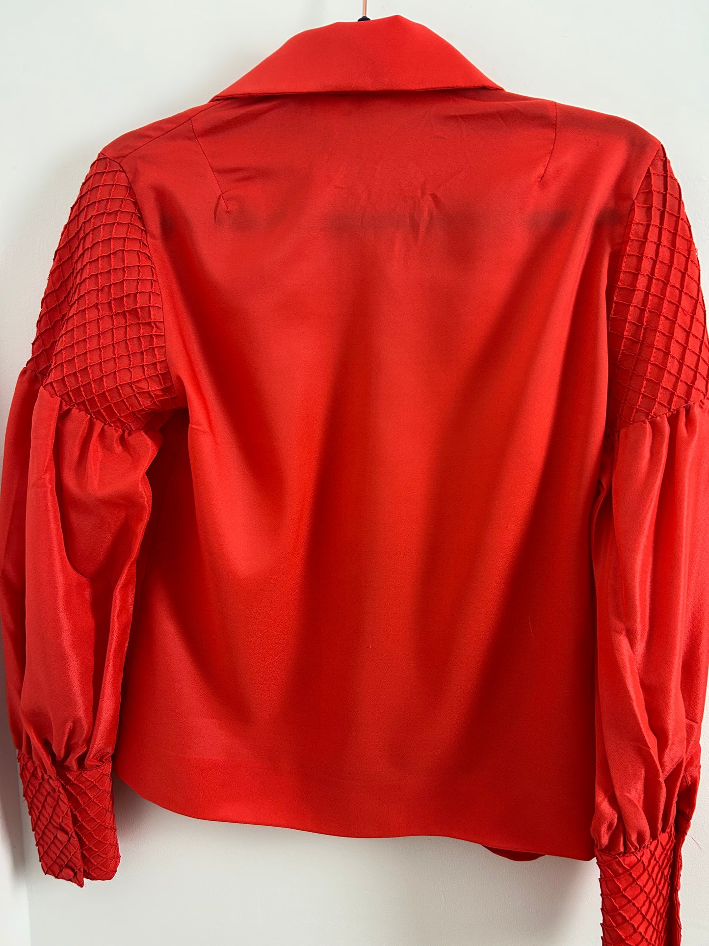 Vintage 1970s ROSAMUNDA Mexican Size 12 Red Diamond Pintuck Pleated Detail Long Sleeve Shirt