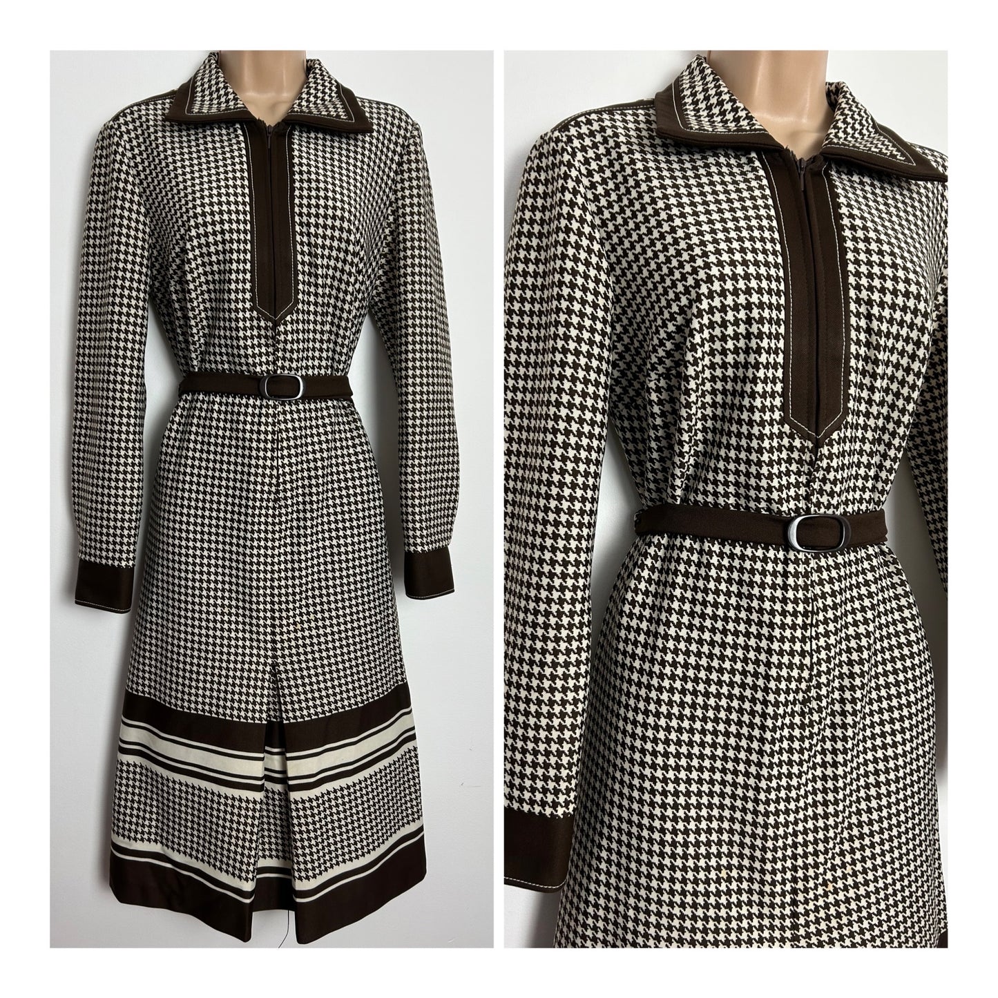 Vintage 1970s UK Size 12-14 Brown & Cream Dogtooth Check Long Sleeve Belted Mod Day Dress