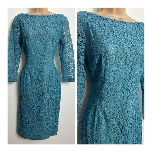 Vintage Early 1960s CORNELL Size 8 Pale Blue Lace Fitted Wiggle Party Dress