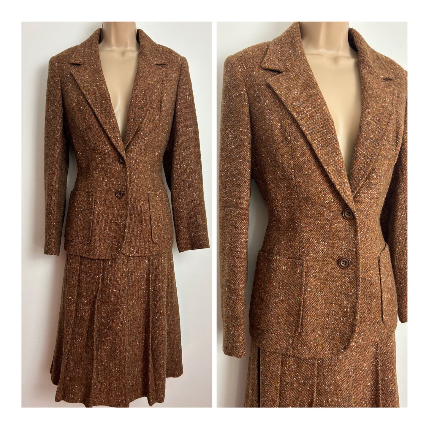 Vintage 1960s JULIUS Size 8 Brown Tweed Two Piece Wool Mix Skirt Suit