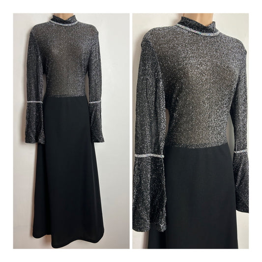 Vintage 1970s UK Size 12 Black & Silver Lurex Split Sleeve Occasion Evening Maxi Dress