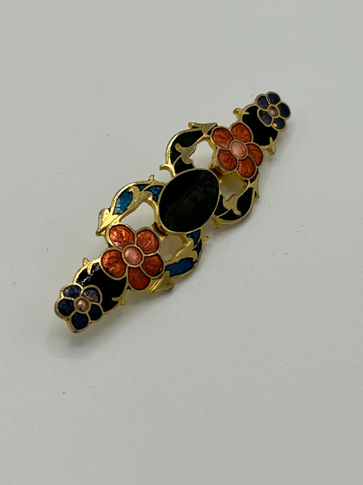 Vintage Gold Tone & Cloisonne Enamel Cutwork Bar Brooch