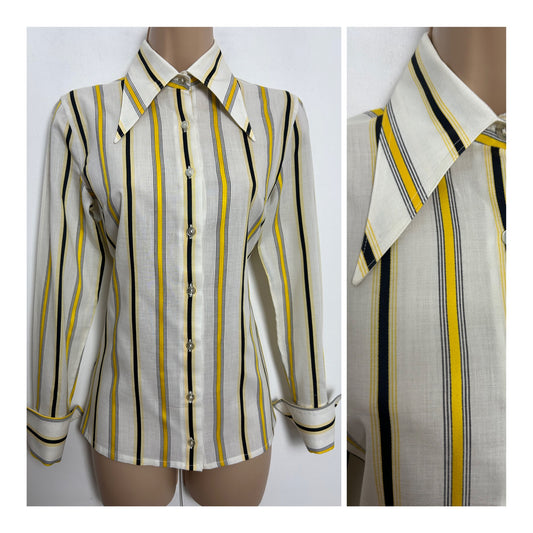 Vintage 1970s Size 8 White Yellow & Black Vertical Stripe Print Cotton Mix Long Sleeve Dagger Collar Shirt