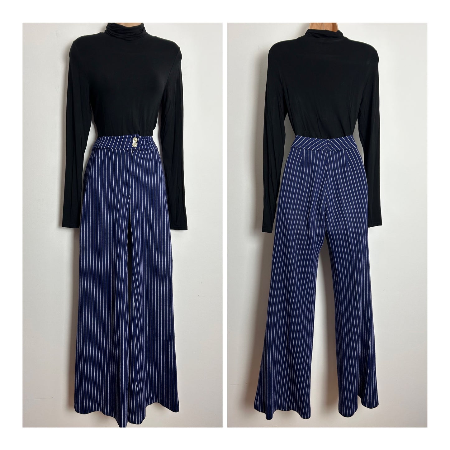 Vintage Early 1970s ST MICHAEL UK Size 8 Navy Blue & White Pinstripe Jersey Flared Trousers