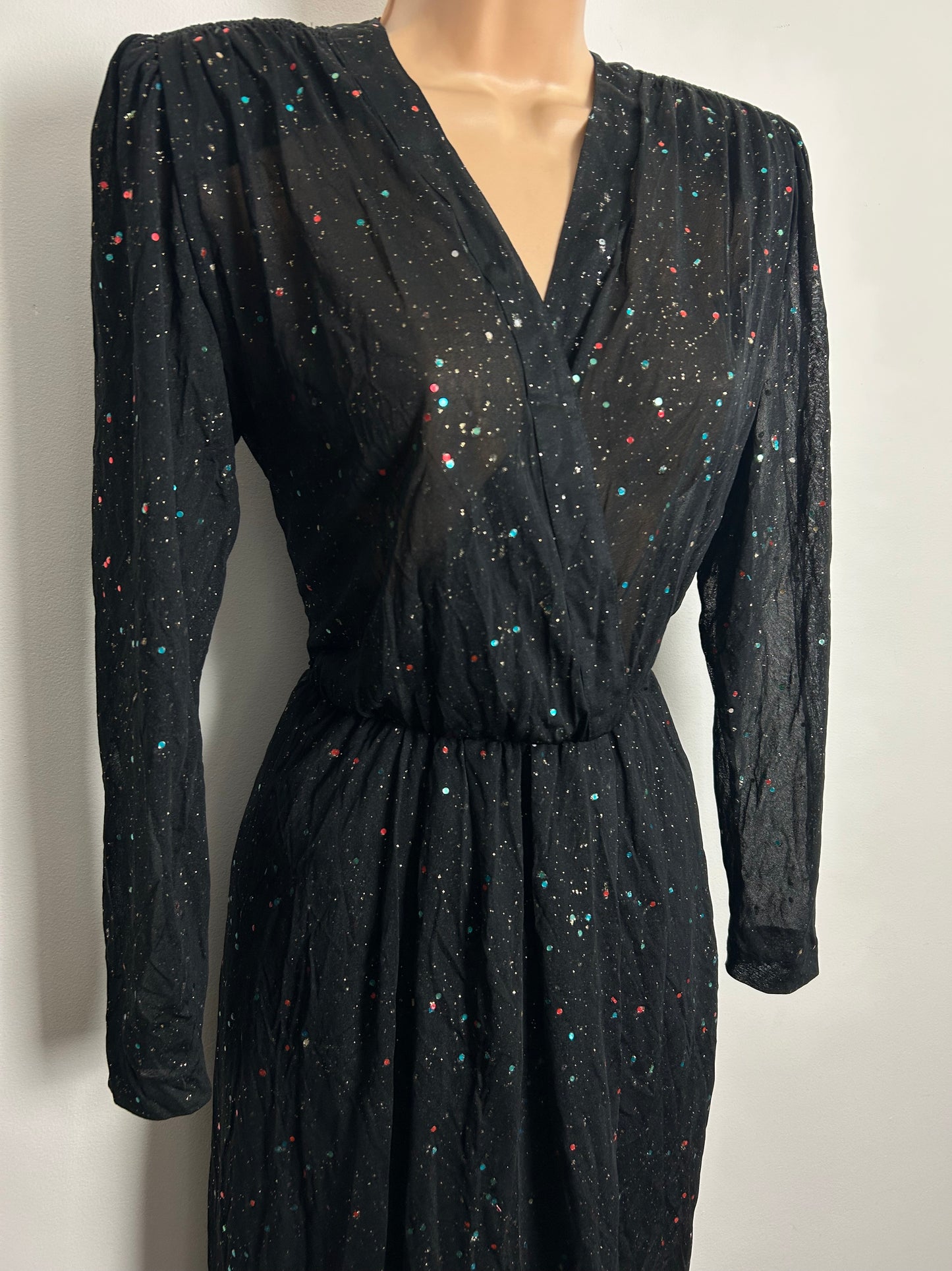 Vintage 1980s Size 10-12 Black Gold Glitter & Sequin Detail Midi Party Dress