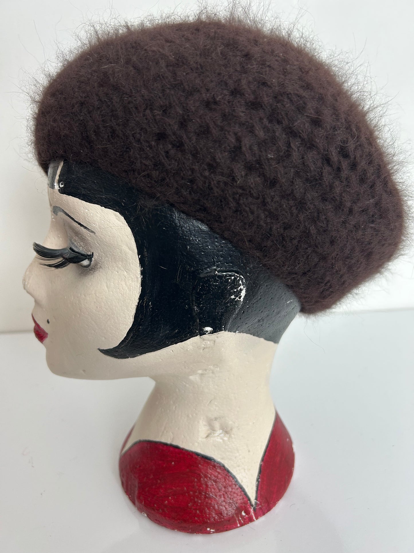 Vintage Handmade Dark Brown Angora & Wool Mix Semi Chunky Knit Beret/Beanie Style Hat