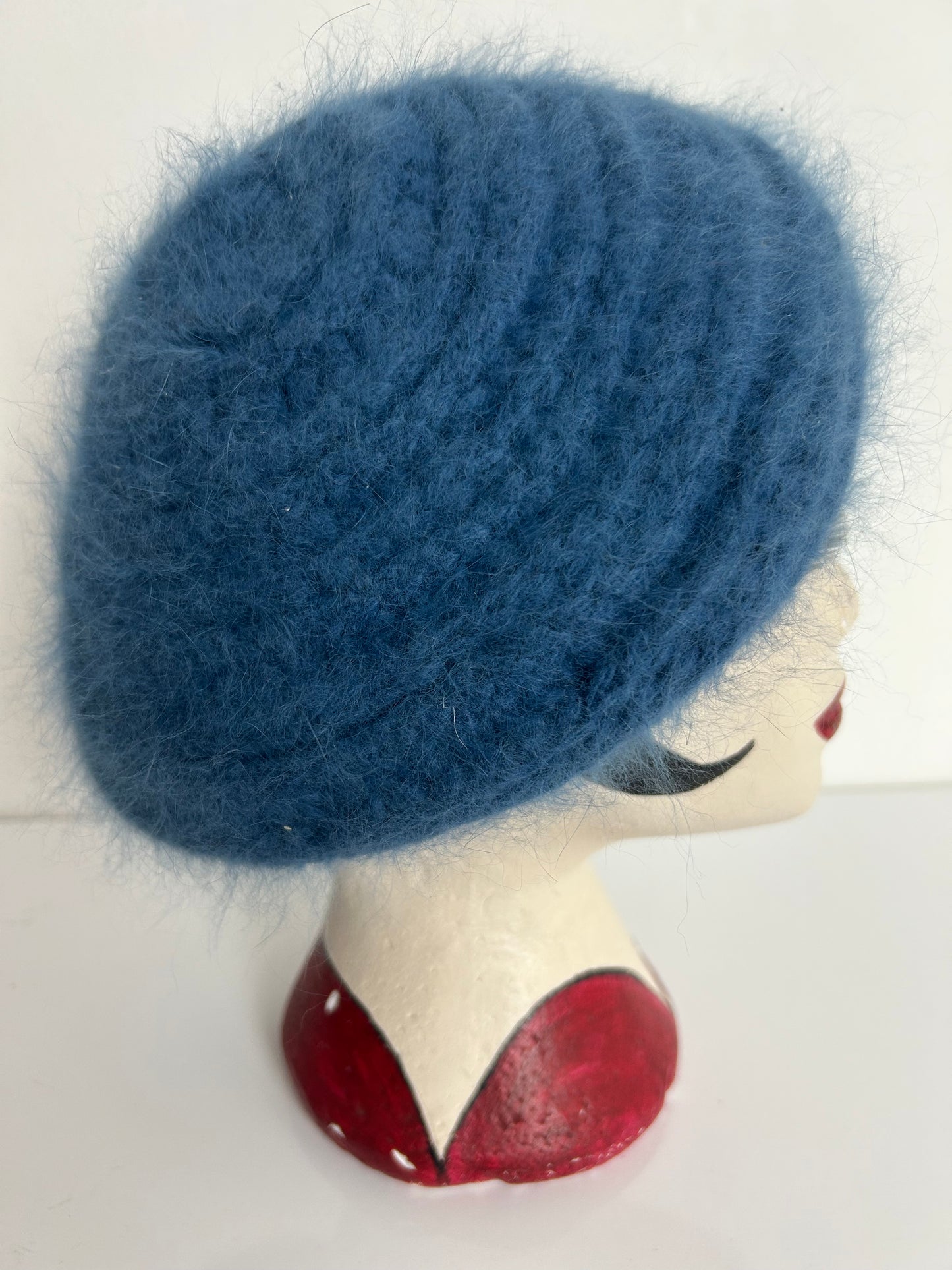 Vintage Dusky Blue Chunky Knit Wool & Angora Mix Beret Style Reversible Hat