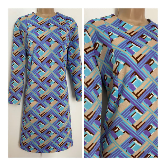 Vintage 1960s Size 14 Purple Blue Beige & Brown Abstract Print 3/4 Sleeve Mod Shift Dress