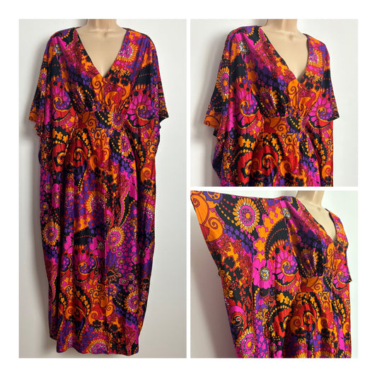 Vintage Late 1960s One Size Pink Purple & Orange Psychedelic Floral Print Kaftan Maxi Dress
