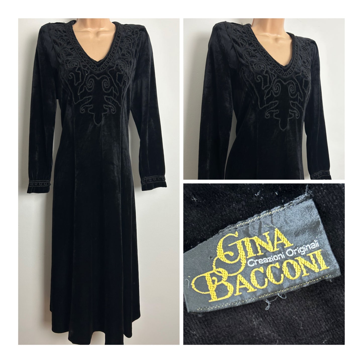 Vintage 1980s GINA BACCONI Size 14-16 Black Velour Velvet Braid Trim Long Sleeve Occasion Evening Midi Dress (Reduced due to issue)