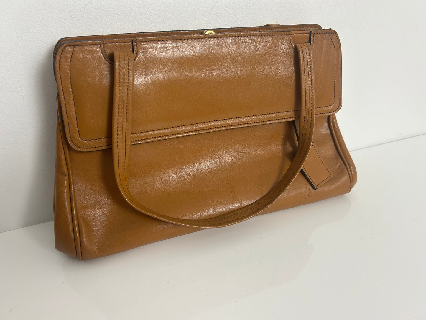 Vintage Late 1960s Tan Brown Top Handles Leather Handbag With Small Matching Coin Purse