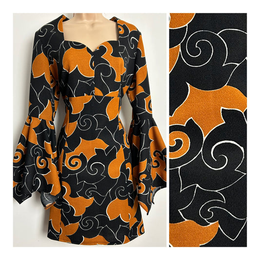 Vintage 1970s CARNEGIE OF LONDON Size 14 Black & Rusty Brown Abstract Floral Print Flared Cuff Mod Day Dress