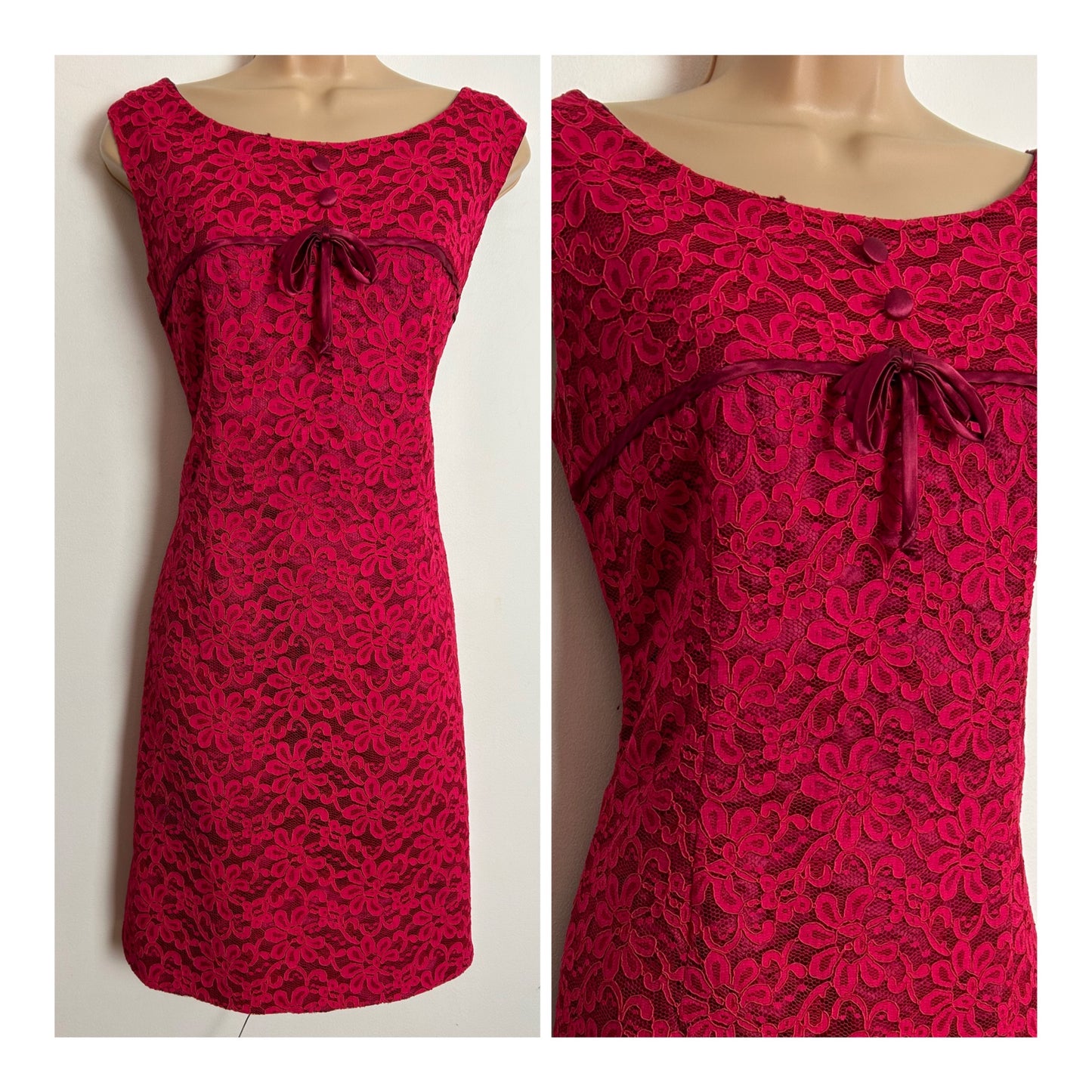 Vintage 1960s UK Size 10 Red Floral Lace Satin Bow & Button Detail Mod Shift Party Dress