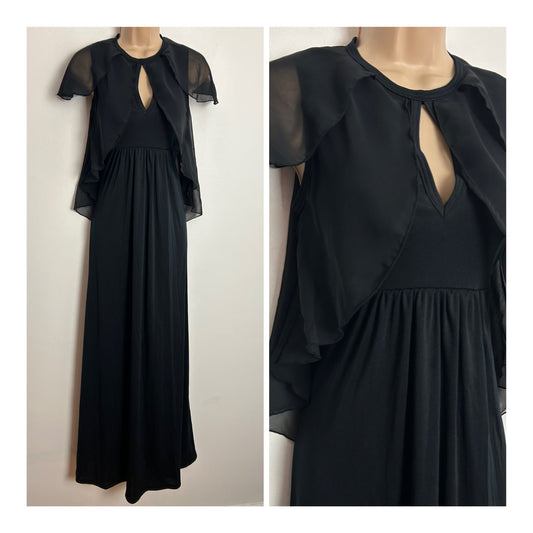 Vintage 1970s MR DARREN UK Size 6-8 Black Chiffon Overlay & Petal Sleeves Maxi Dress