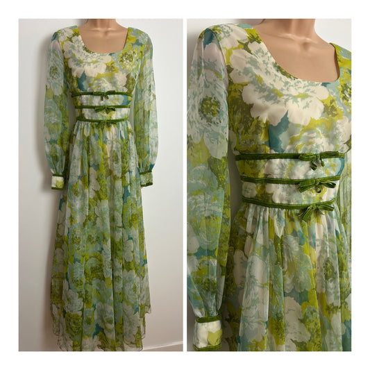 Vintage 1970s CALIFORNIA "THE LOOK YOU LOVE" Size 8-10 White Green Tones Floral Print Chiffon Boho Maxi Dress
