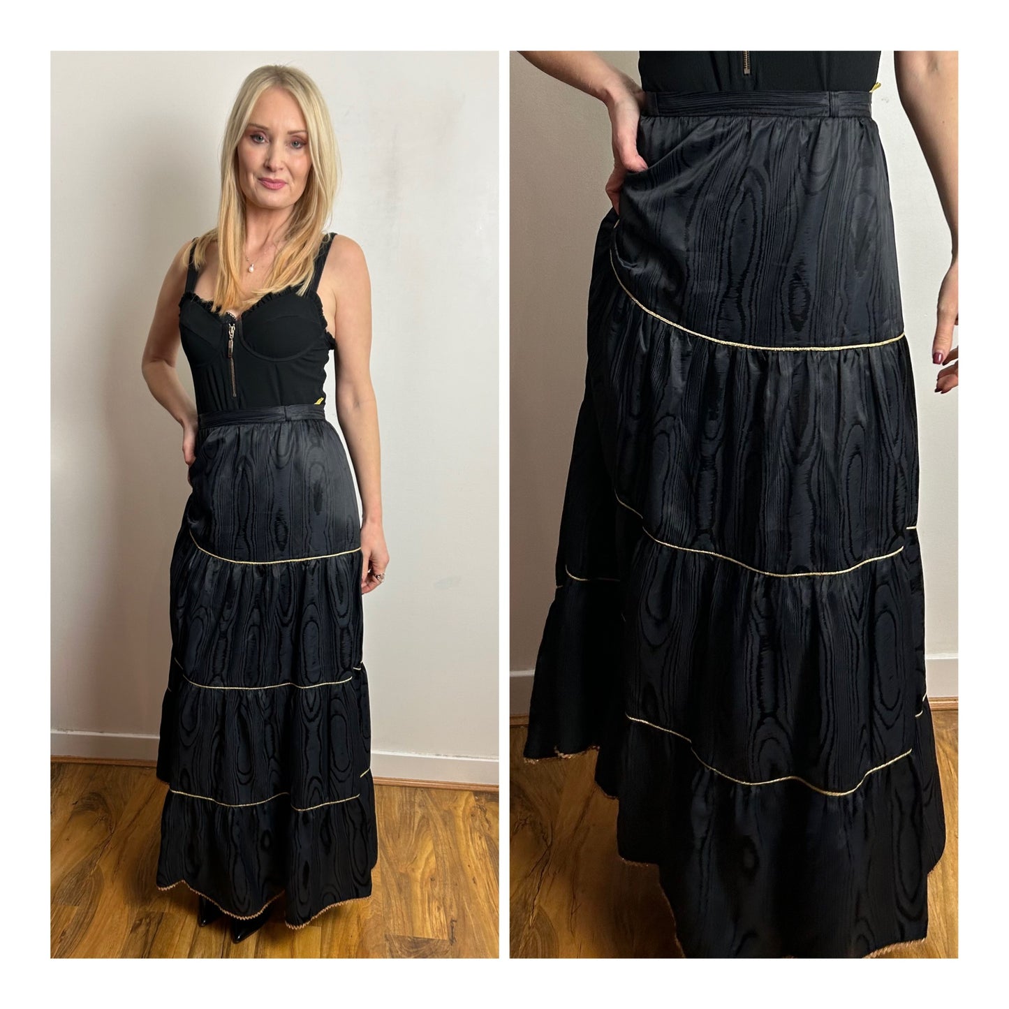 Vintage 1970s C&A UK Size 12-14 Black Moire Gold Trim Maxi Length Skirt