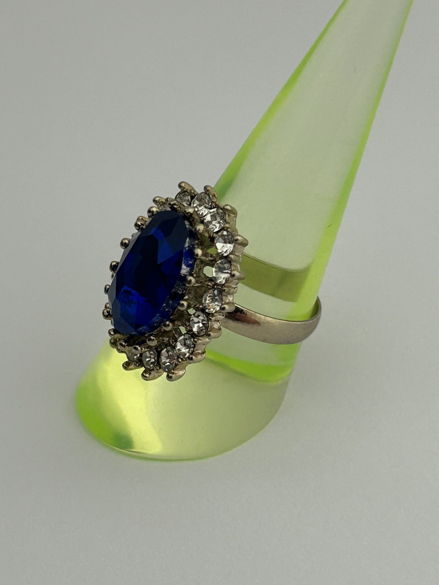 Vintage Blue Glass & Diamante Rhinestone Set Cocktail Ring Size P