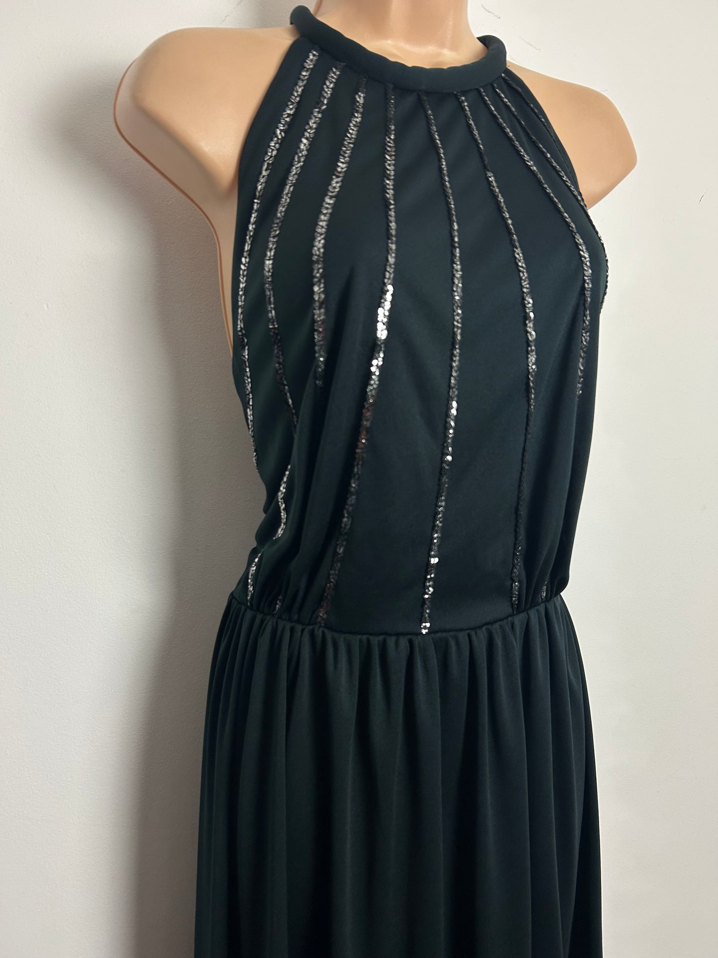 Vintage 1970s AFTER SIX BY RONALD JOYCE Size 12 Black Sequin Detail Halterneck Evening Maxi Dress