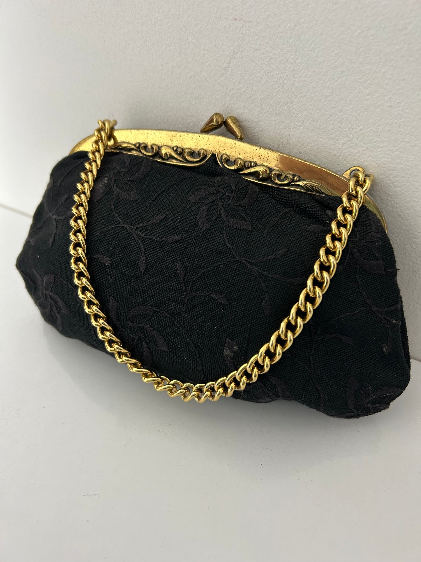 Vintage 1950s Small Black Embroidered Fabric Evening Bag With Chain Handle