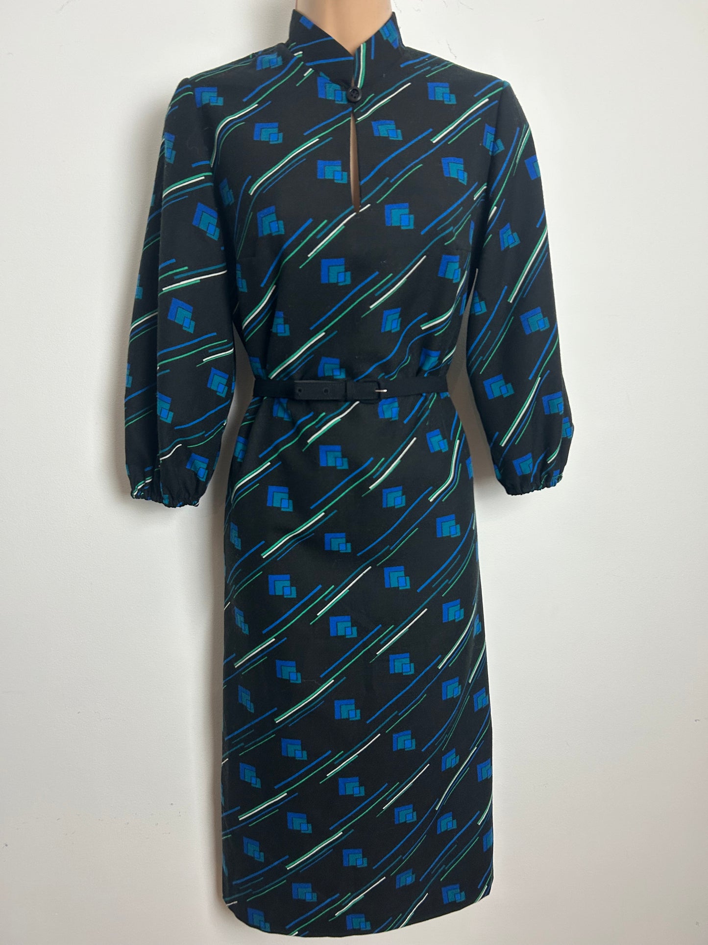 Vintage 1970s Size 12-14 Black Blue & Green Geo & Stripe Print Long Sleeve Belted Day Dress